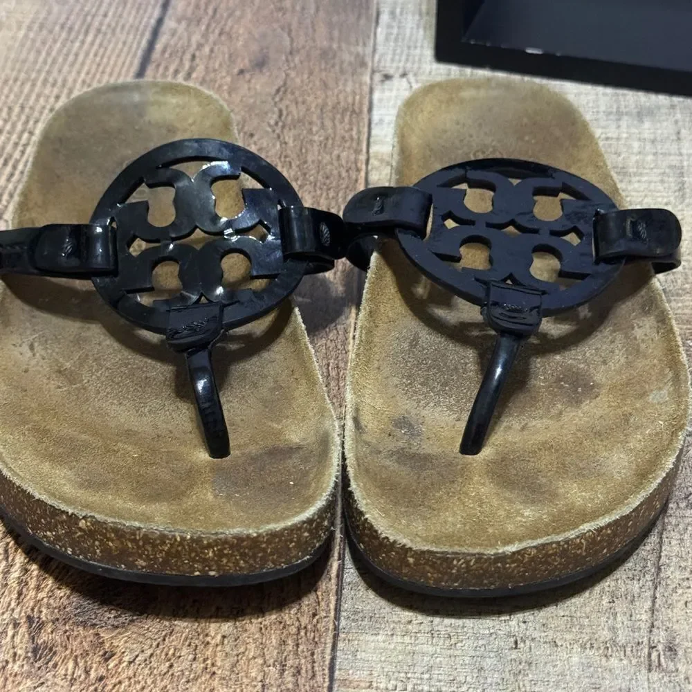 Tory Burch Miller Cloud Patent Leather Sandal Perfect Black/Natural Size 7